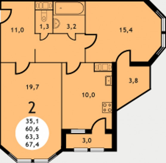 Двухкомнатная квартира 67.4 м²