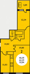 Двухкомнатная квартира 66.18 м²