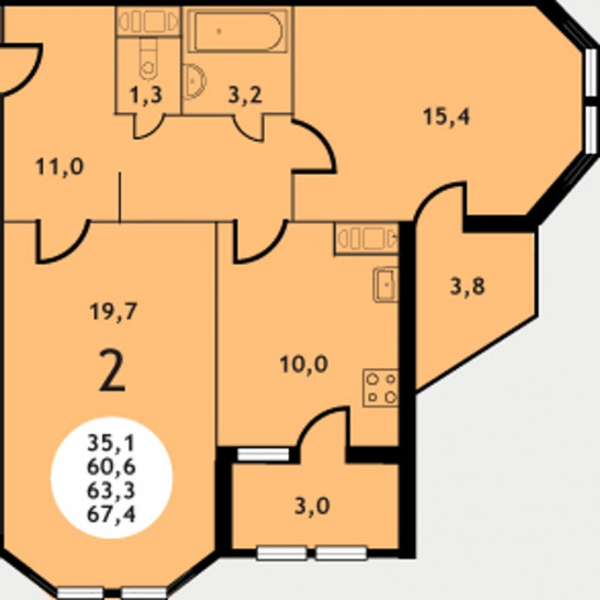 Двухкомнатная квартира 67.4 м²