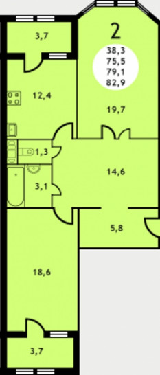 Двухкомнатная квартира 82.9 м²