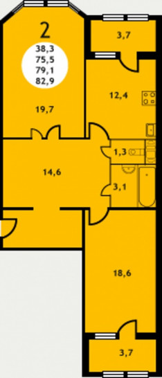 Двухкомнатная квартира 82.9 м²