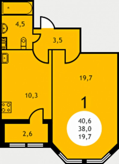 Однокомнатная квартира 40.6 м²