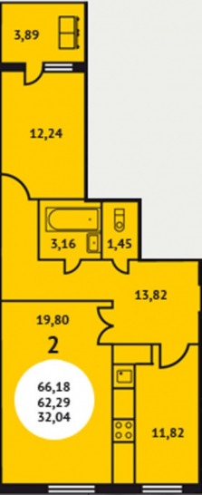 Двухкомнатная квартира 66.18 м²