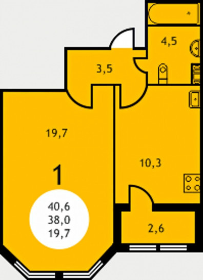 Однокомнатная квартира 40.6 м²